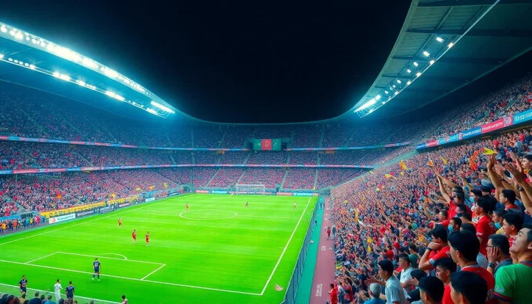 Xem bóng đá hôm nay in a lively soccer stadium filled with fans and players in action.