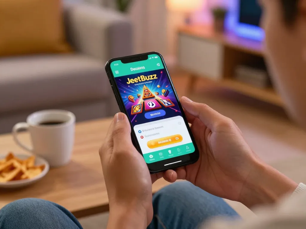 Engaging in online gameplay using the Jeetbuzz Download App on a smartphone in a cozy home setting.
