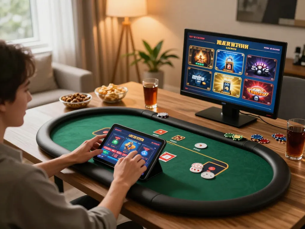 Net88 player strategizing with online poker on tablet in cozy home setup.