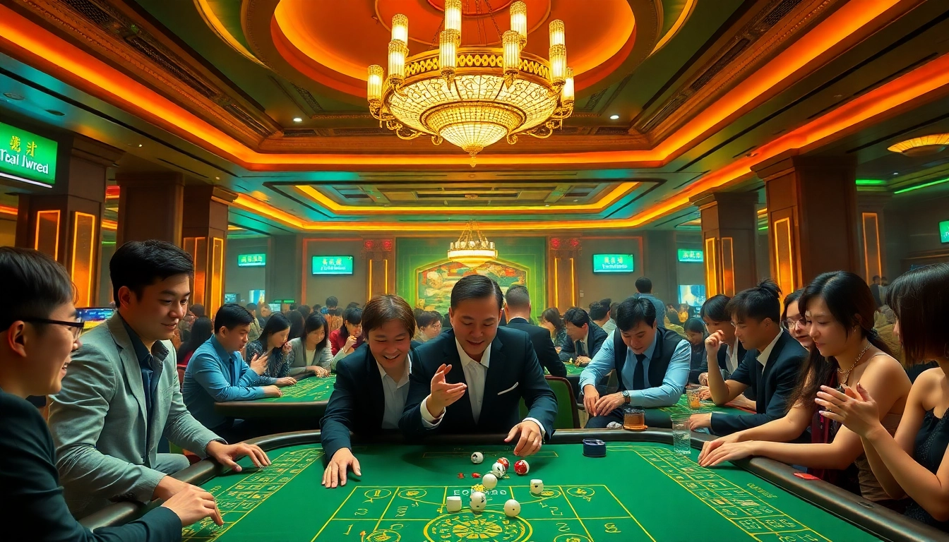 Players enjoying the game tài xỉu at a vibrant casino, showcasing excitement and luxury.