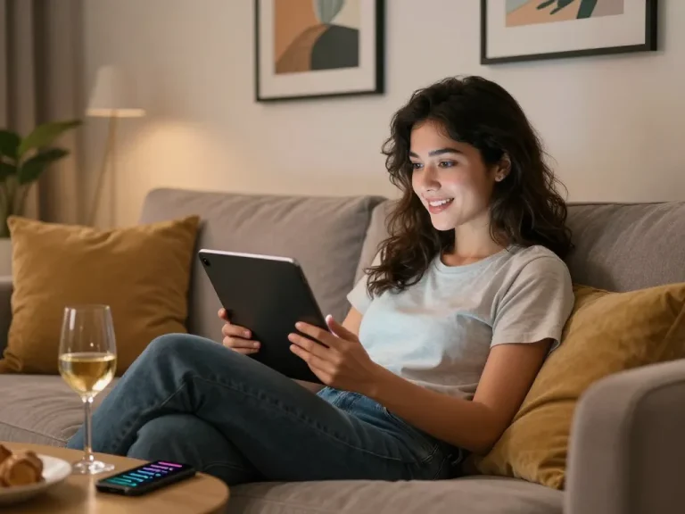 Interactive 18+ AI chat scene with young woman using tablet in cozy living room.