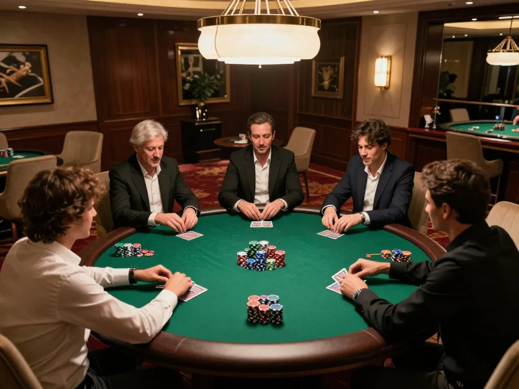 KONG88 players strategizing during a high-stakes poker game in a luxury private room