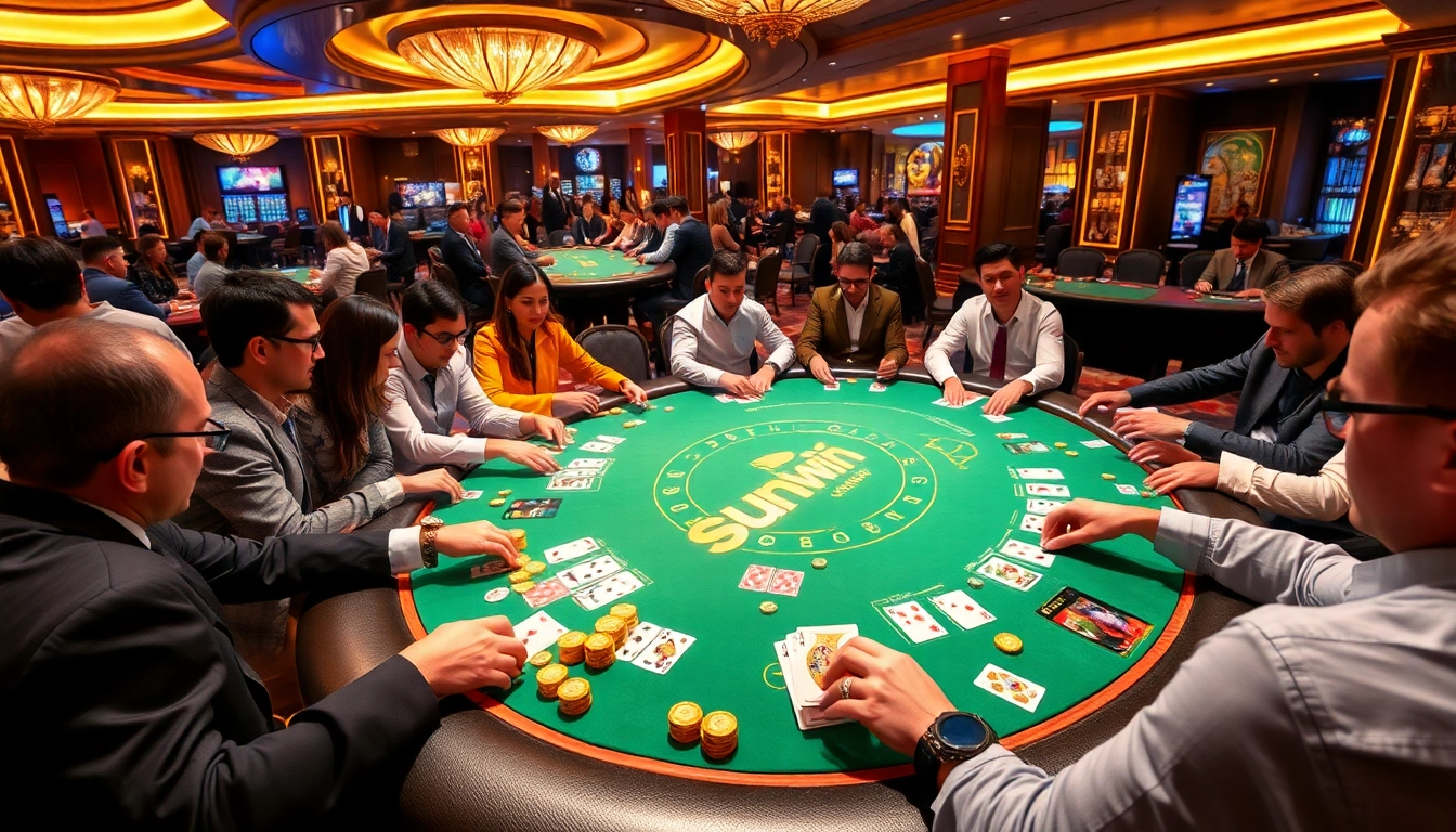 Exciting poker action at a sunwin-themed casino table with vibrant players and luxury vibes.