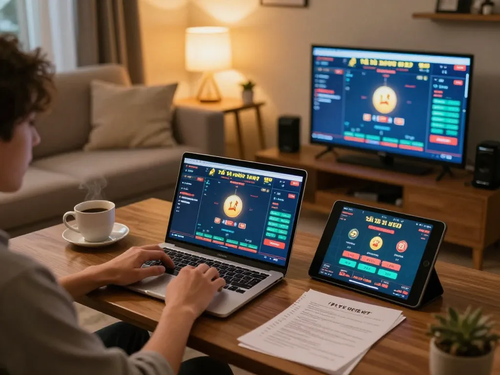 Engaging in tài xỉu online gaming with a cozy home setup, showcasing dynamic gameplay.