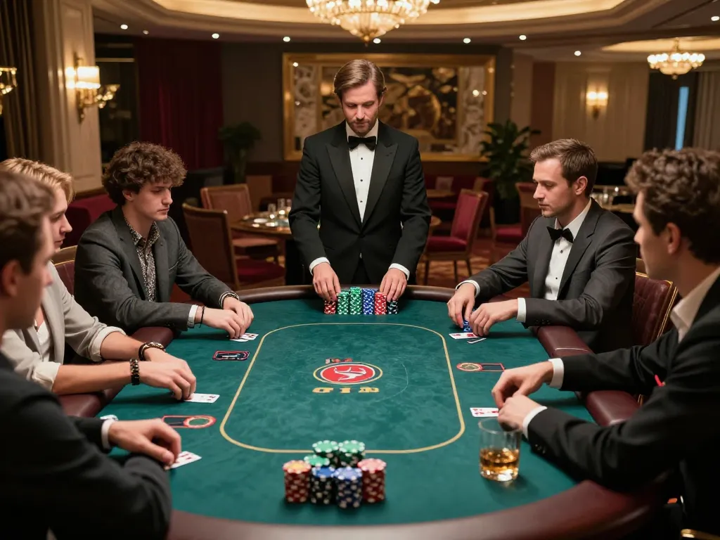 Players strategizing in a high-stakes poker game at F8BETLV casino with elegant decor and vibrant chips.