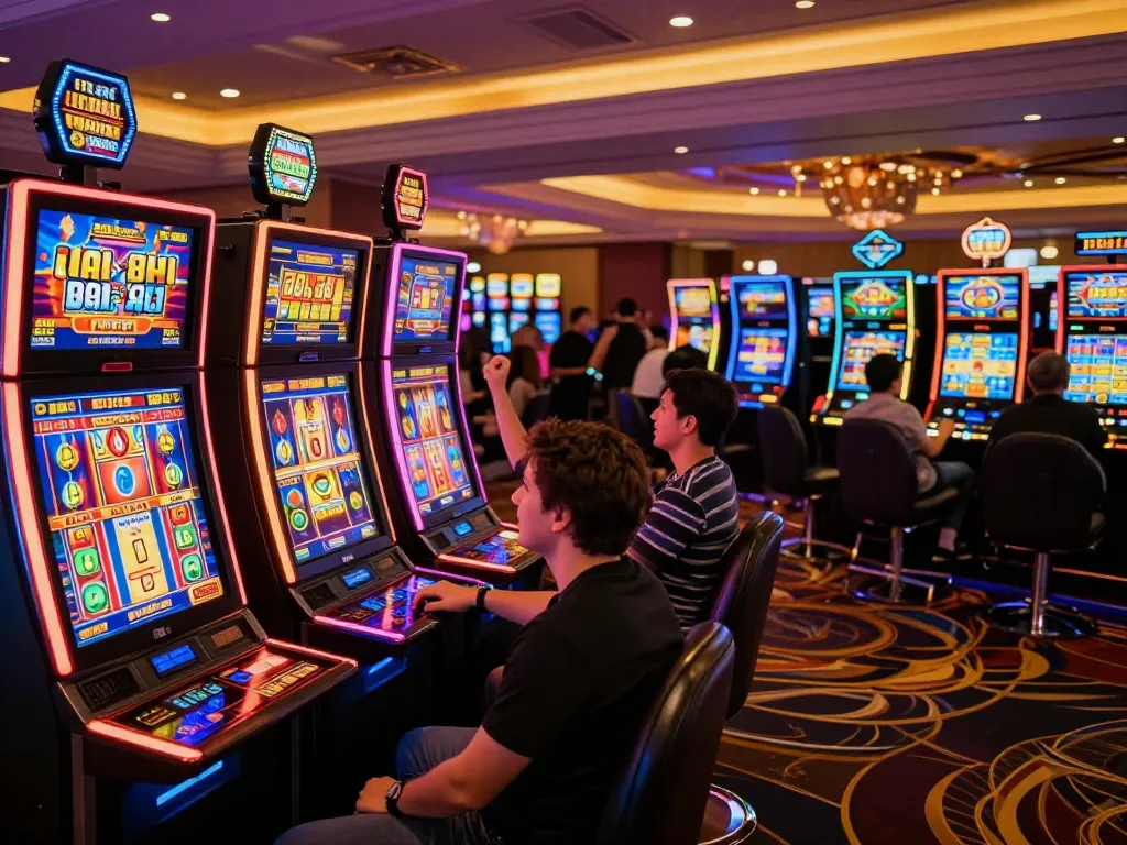 Rasakan kegembiraan dari slot dasi4d dengan suasana lantai kasino yang cerah dan pemain yang terlibat memenangkan hadiah besar.