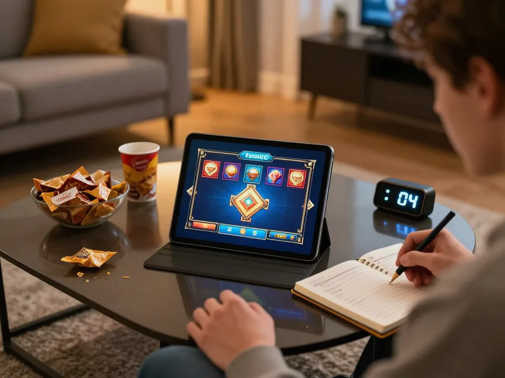 NAGA2000 player engaging with online slot game in cozy setting, showcasing responsible gaming habits.