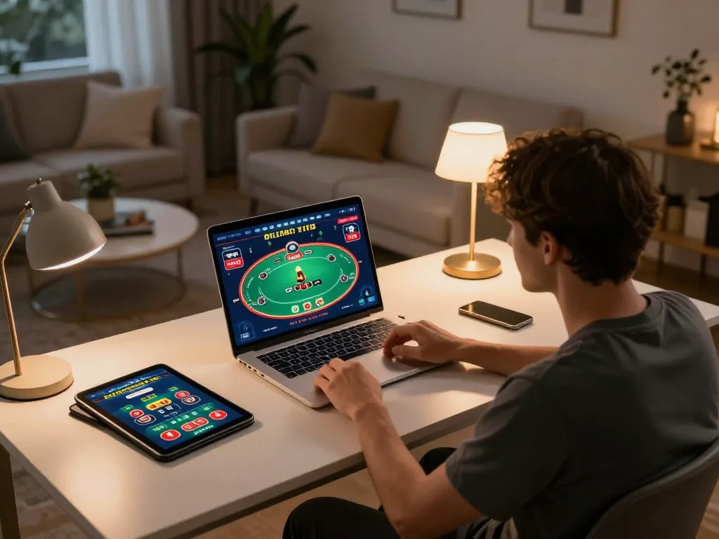 Hello88 player engaged in online poker strategy in a cozy home setting.