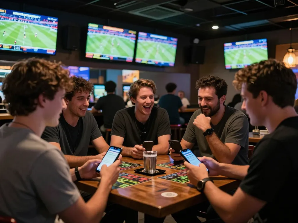 F8BET gamers placing bets on live sports at a lively bar, showcasing engagement and excitement.