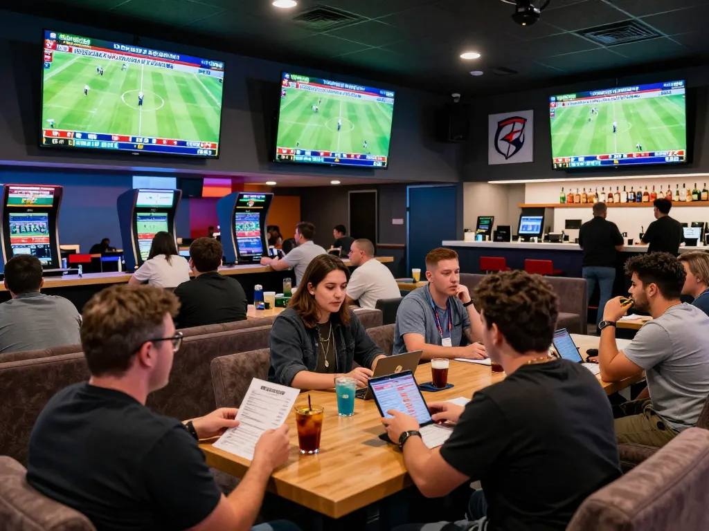 Engaging scene of kèo bóng đá hôm nay in a sports betting lounge with bettors making decisions.