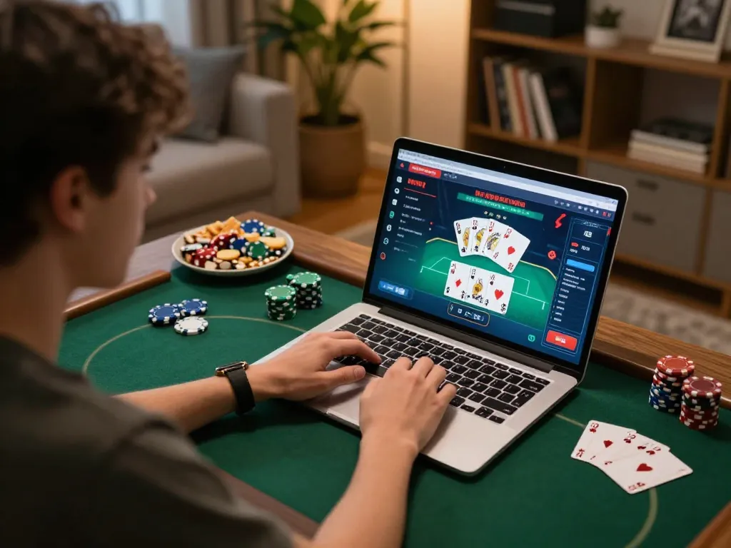 Player engaging with nk88 on laptop during a cozy online gaming session at home