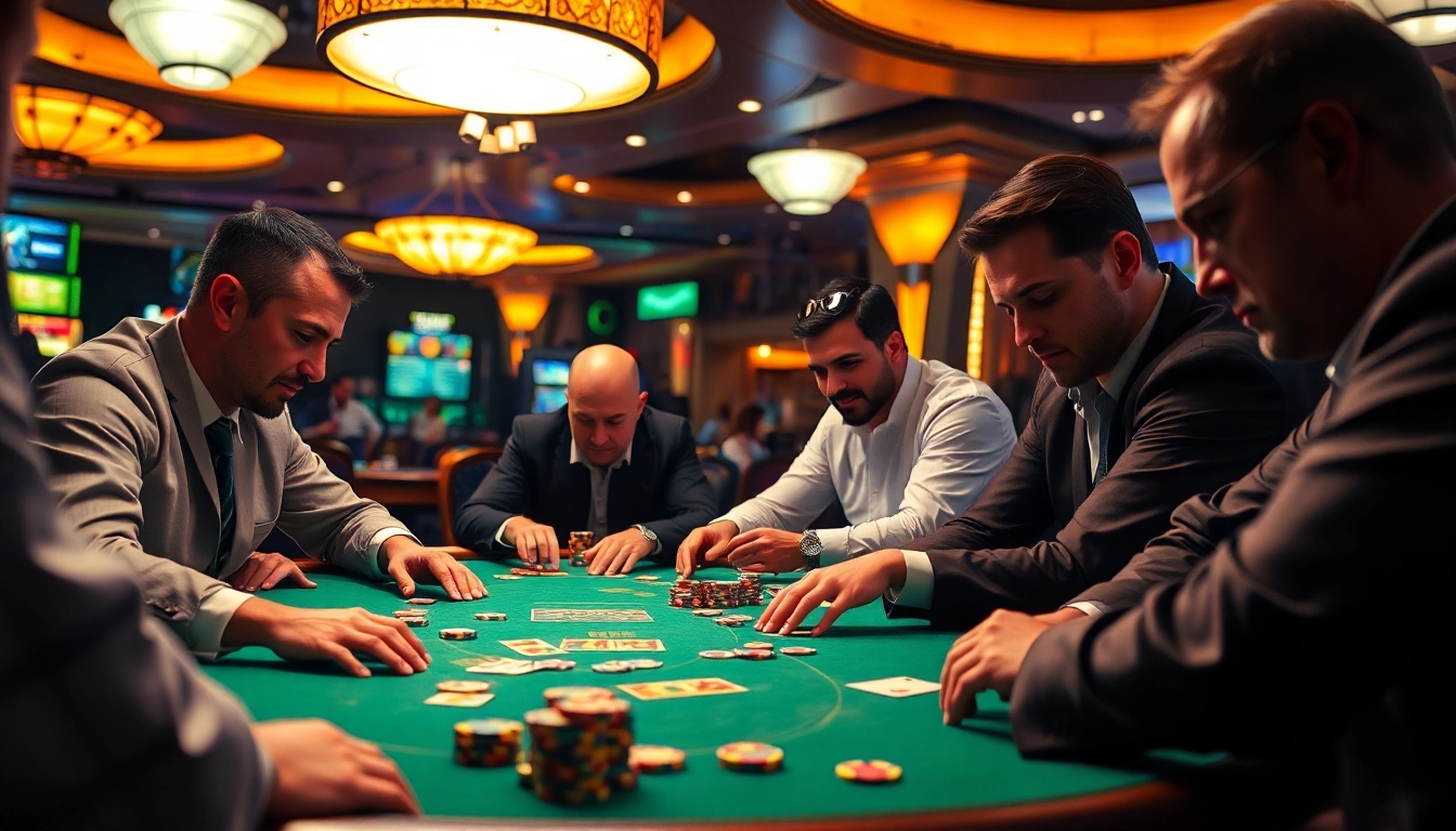 Engaged players at e2bet vip poker table in a vibrant casino atmosphere.