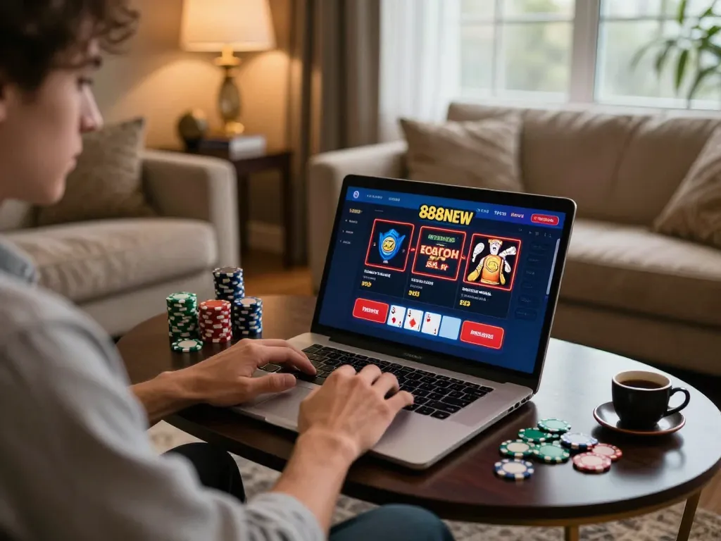 Player engaging in online casino games at 888NEW, highlighting comfortable home gaming setup with modern decor.