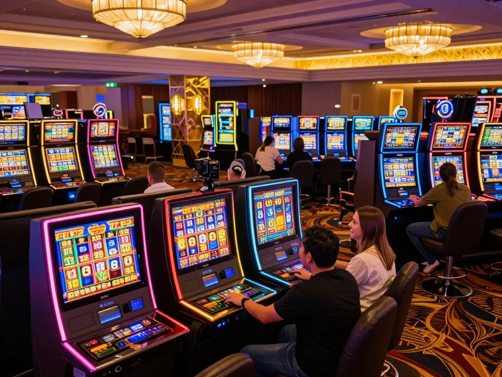 Excited players engaging with captivating link slot machines in a lively casino atmosphere