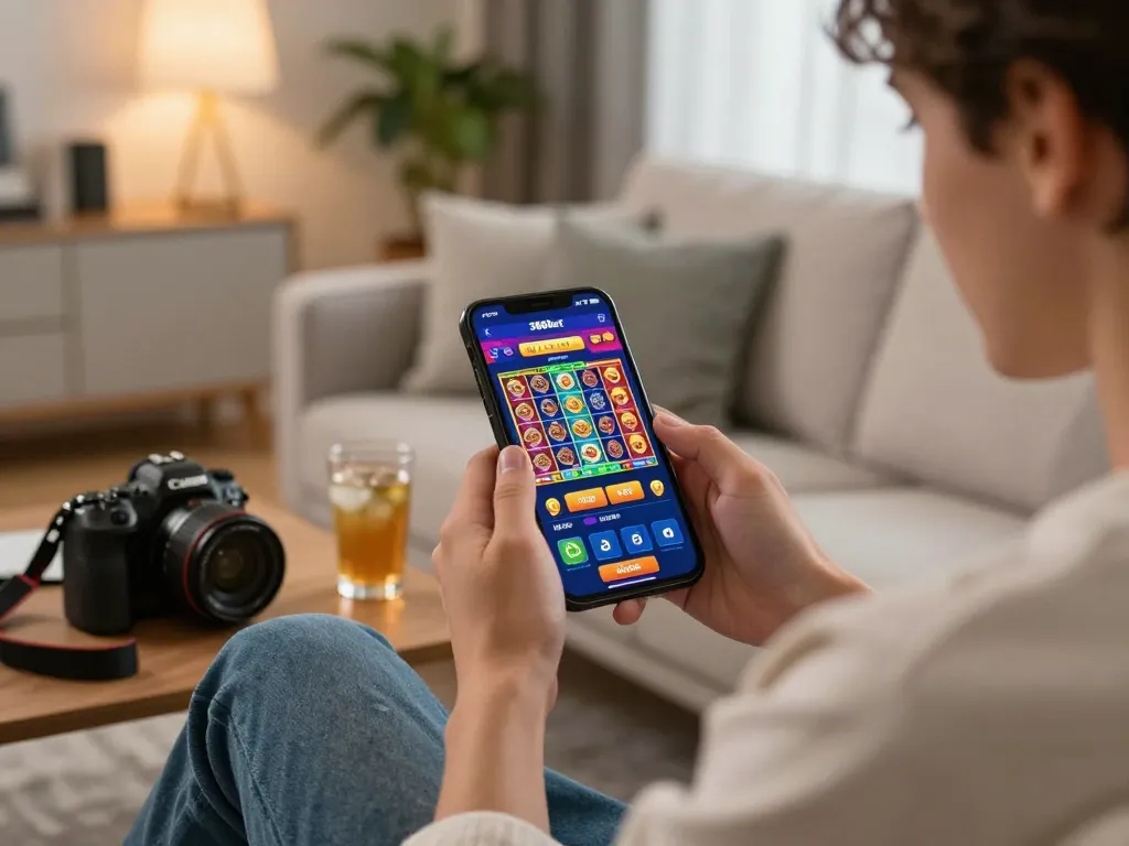 Engaging with the 388bet online casino app from a cozy living room, showcasing vibrant gaming options and a relaxed atmosphere.