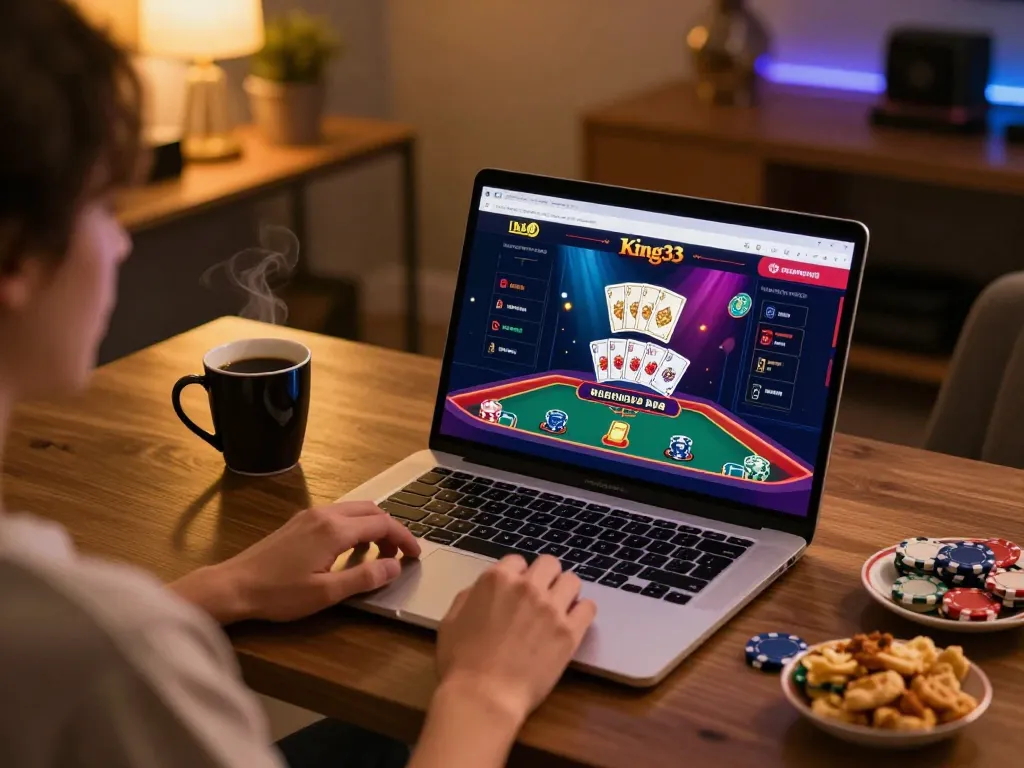 Player engaging in King33 online casino games with live dealer interface and cozy setup.