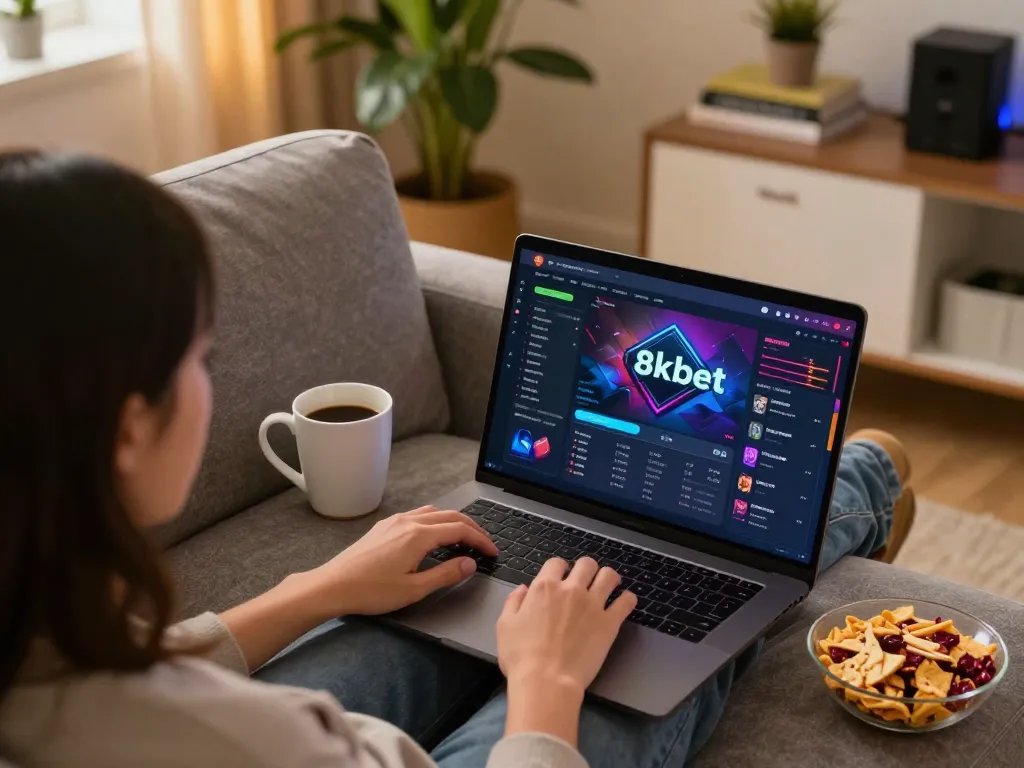 Experience gaming with 8xbet on a cozy sofa with snacks and laptop visible