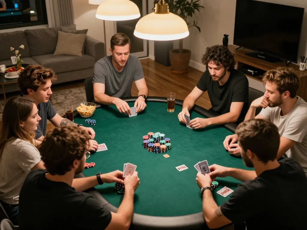 Friends enjoying a lively poker game night at home, with king33-themed decor and competitive spirit.