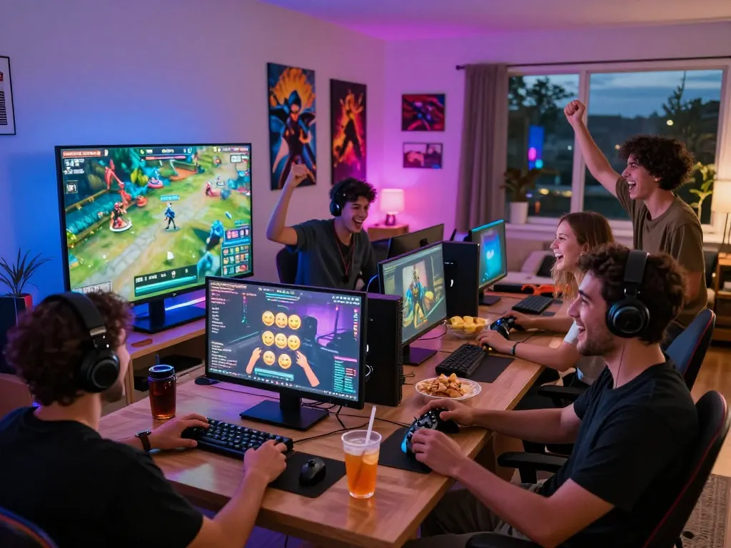 Friends enjoying tante77 online gaming in a lively room filled with snacks and LED lights.