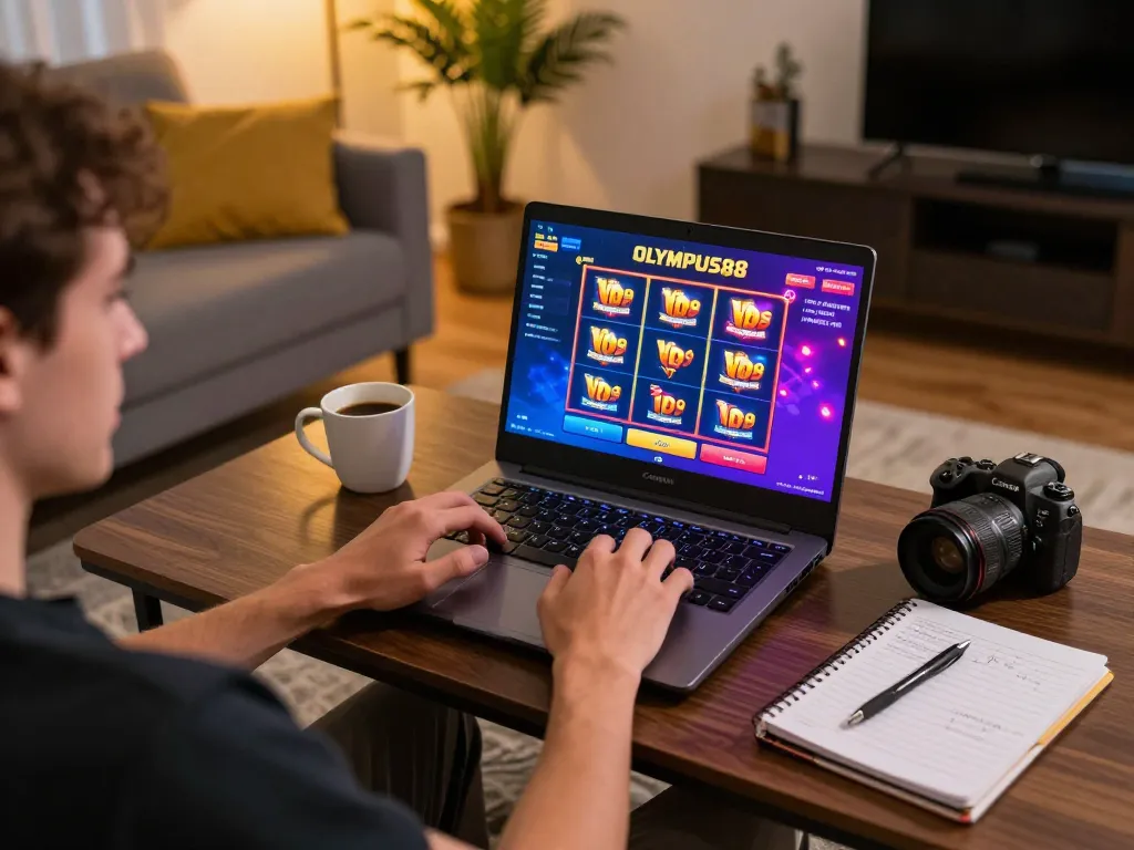 Engaging gameplay on OLYMPUS88 slot platform in cozy gaming setup full of strategy notes and a coffee mug