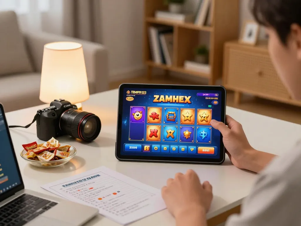 Enjoying the Tempo123 Gacor slot game on a tablet in a cozy living room.