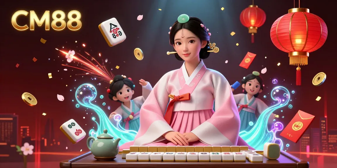 Engaging scene of CM88's online casino featuring floating mahjong tiles and elegant Asian woman in hanbok.