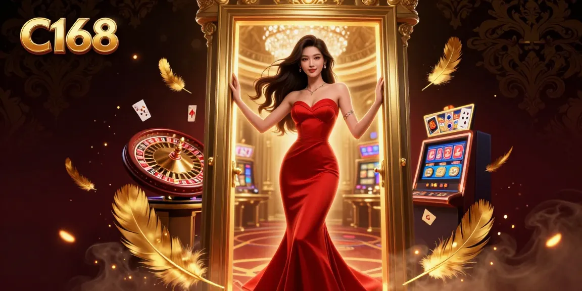 C168 casino welcomes players with a luxurious scene featuring vibrant gaming elements and an elegant character.