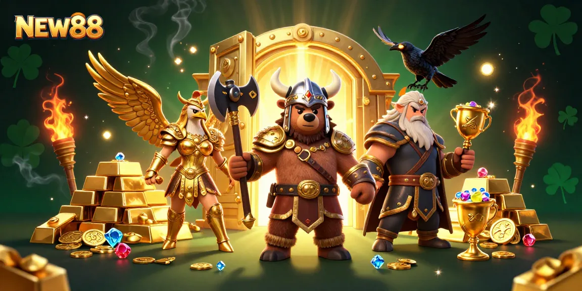 Engage in thrilling online gaming with NEW88's vibrant 3D illustration showcasing a Viking bear, Valkyrie eagle, and treasures.