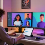 User interacting with crushon ia AI characters in a modern workspace, showcasing vibrant digital communication.