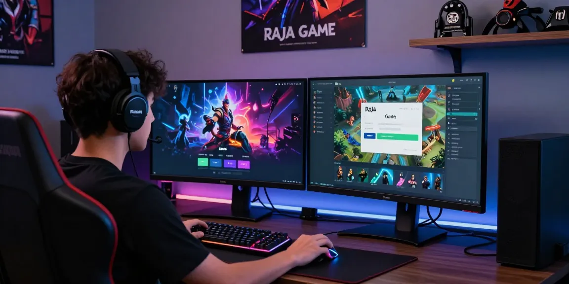 Raja Game login interface with a focused gamer at a sleek setup showcasing vibrant graphics and accessories.