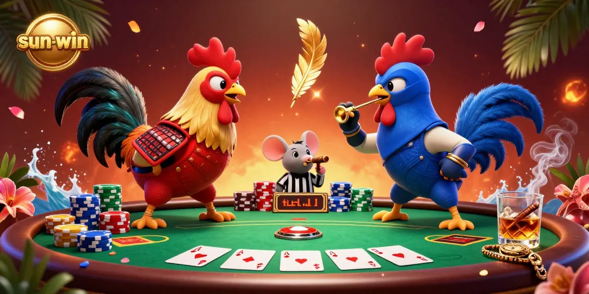 Engaging sun-win scene with roosters facing off, poker elements, and vibrant casino atmosphere.