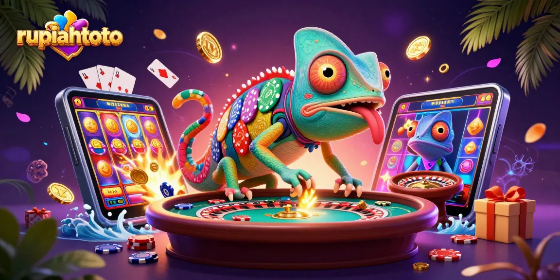 Permainan seru di rupiahtoto, chameleon kasino menangkap koin emas di suasana ceria.