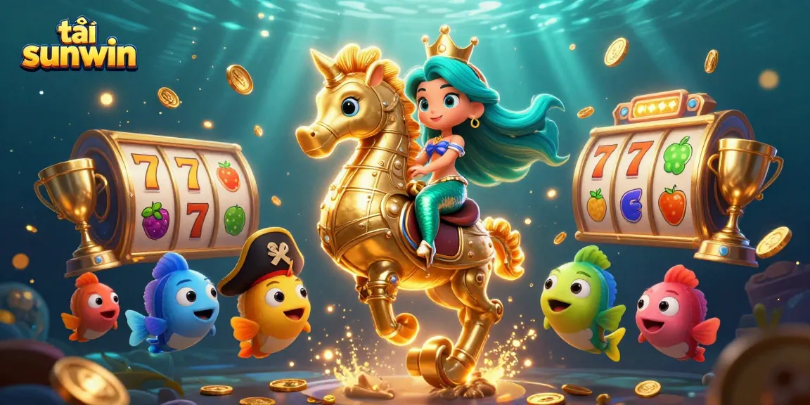 Experience thrill and excitement from tải sunwin with colorful cartoon mermaid and seahorse in a rich casino scene.