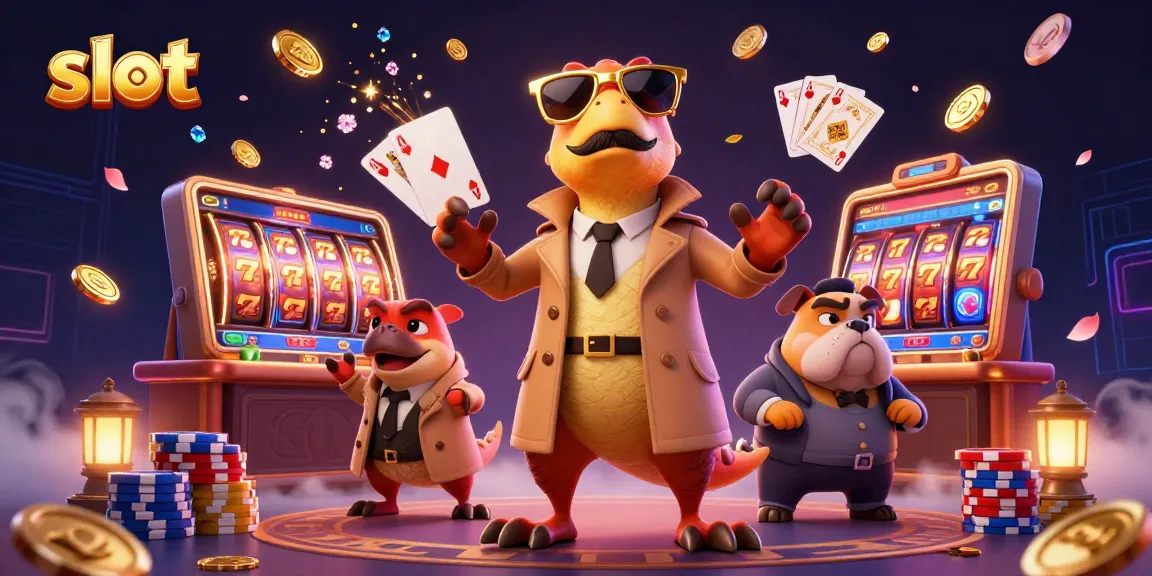 Spin lucky slot reels with colorful raptors in a dynamic casino scene filled with gold coins.