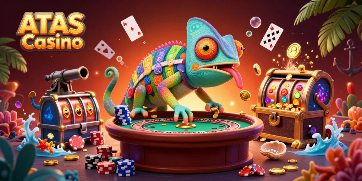 Engage with the vibrant scene of ATAS Casino, where an enormous chameleon casino owner collects golden coins and oversees thrilling games.