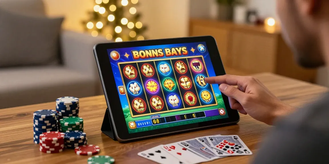 Player exploring bonus buy slots on a tablet with casino chips and playing cards.