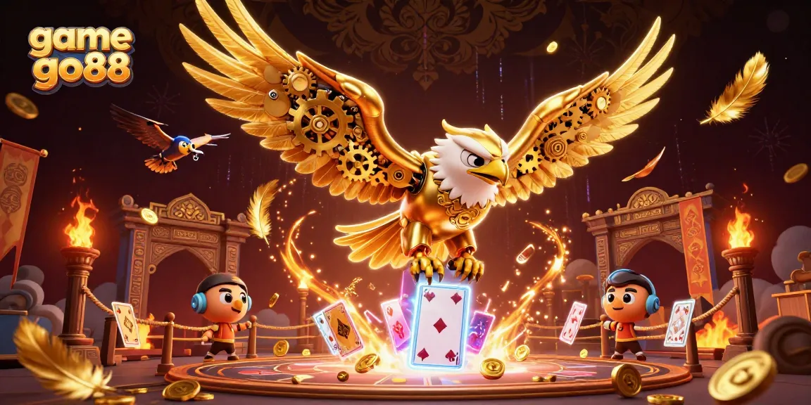 Experience the excitement of game go88 with a dynamic 3D illustration featuring a cybernetic eagle and holographic cards.