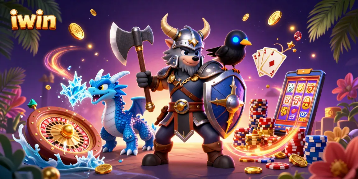 Spin the iwin slots with a Viking warrior and dragon in a vibrant casino scene.