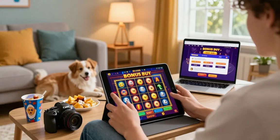 Player enjoying bonus buy slots on a tablet in a cozy living room, showcasing vibrant casino graphics and a friendly atmosphere.