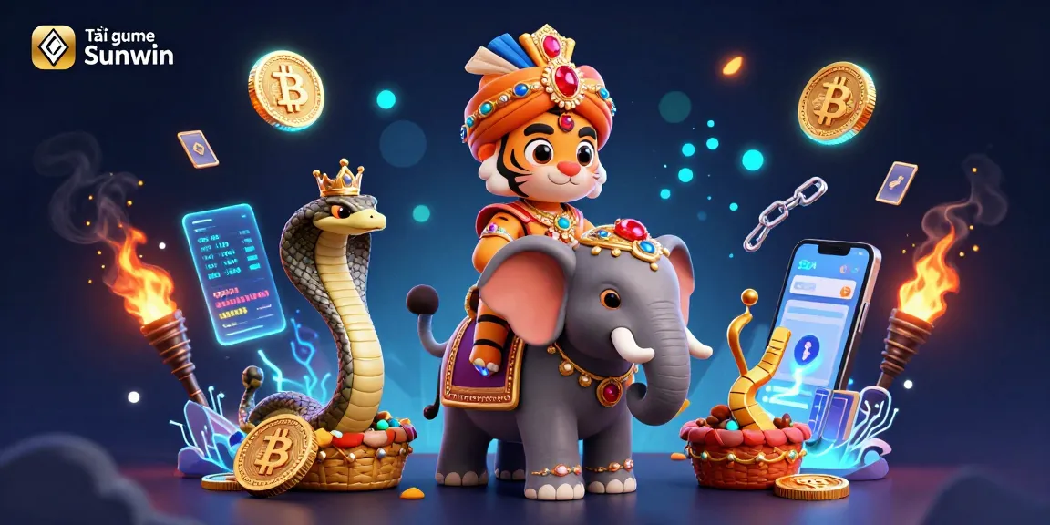 Tải game Sunwin with a tiger maharaja, an elephant, and a cobra in a vibrant casino scene.