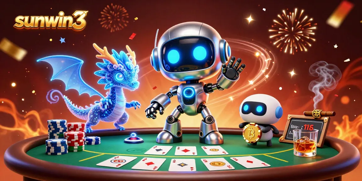 Players celebrate wins at sunwin3, showcasing poker action with vibrant 3D characters and casino elements.
