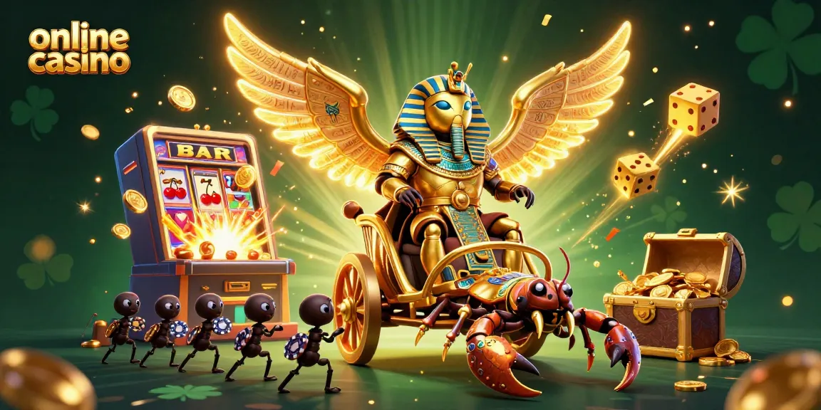 Experience the thrill of an online casino with a vibrant 3D illustration of a golden scarab beetle chariot and slot machine jackpot.
