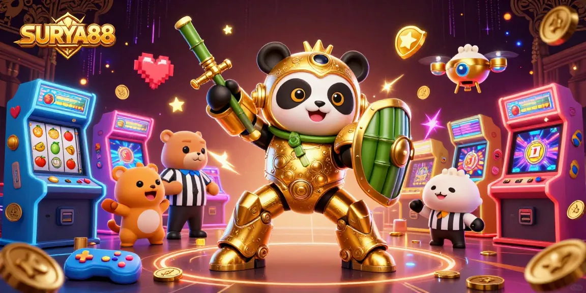 SURYA88 energizes players with a vibrant 3D image of a golden panda robot amid colorful slot game elements.