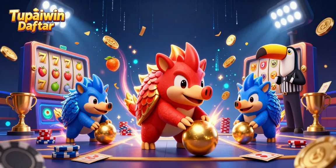 Tupaiwin Daftar seeing rival pangolins competing amid slot reels, showcasing an exciting casino scene