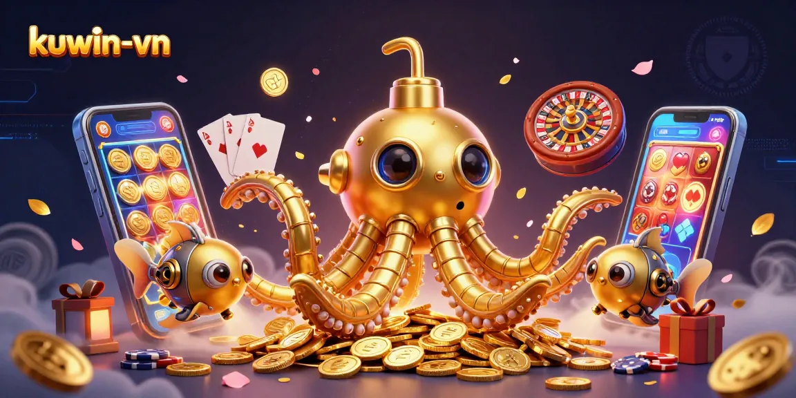 Join the excitement at kuwin-vn with a golden kraken submarine emerging from coins, symbolizing big wins.