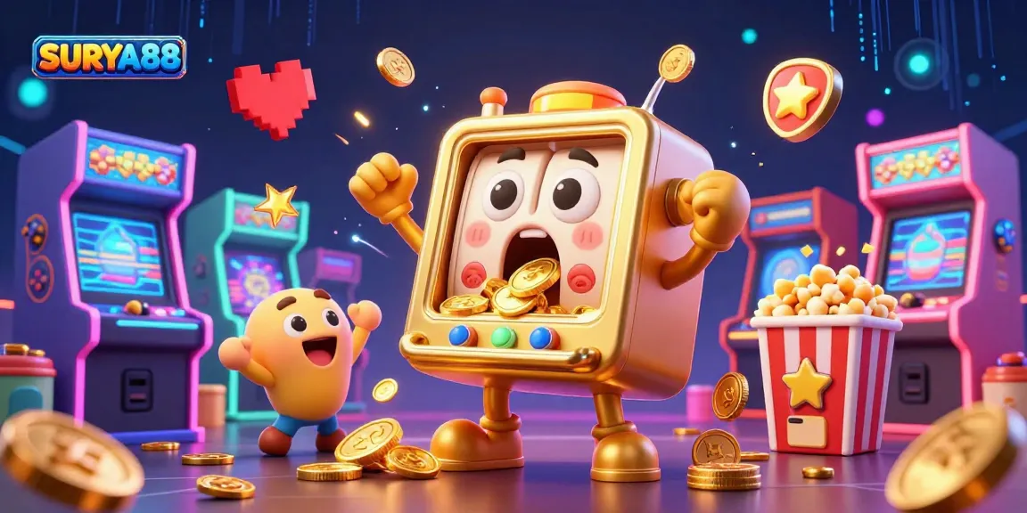 SURYA88 hits a jackpot as a golden slot machine surrounded by cheering baby slot machines and dynamic arcade elements.