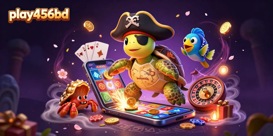 Engage with play456bd's exciting casino scene featuring a turtle, crab, and parrotfish amid treasures.